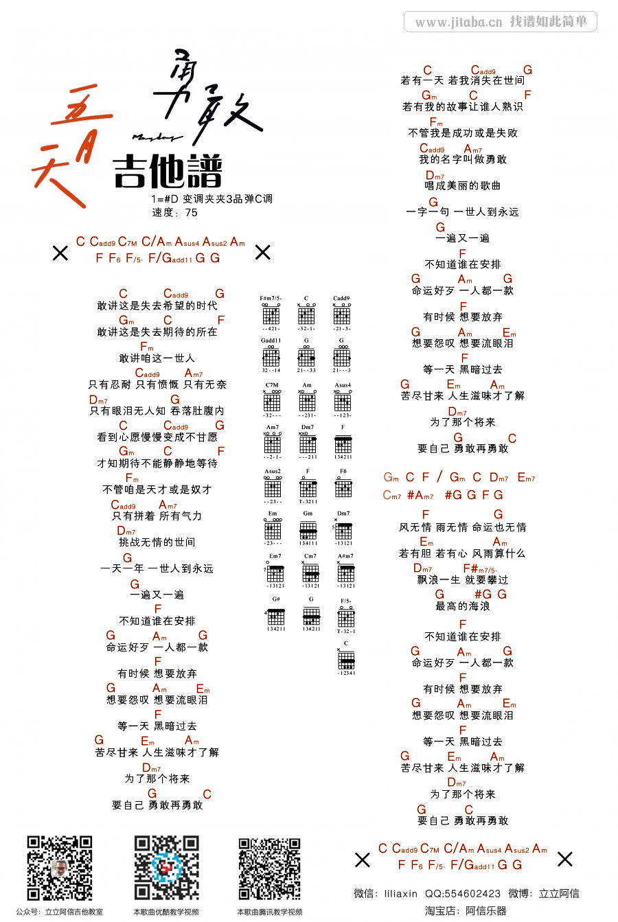 五月天《勇敢》吉他谱_C调吉他弹唱谱_和弦谱第1张