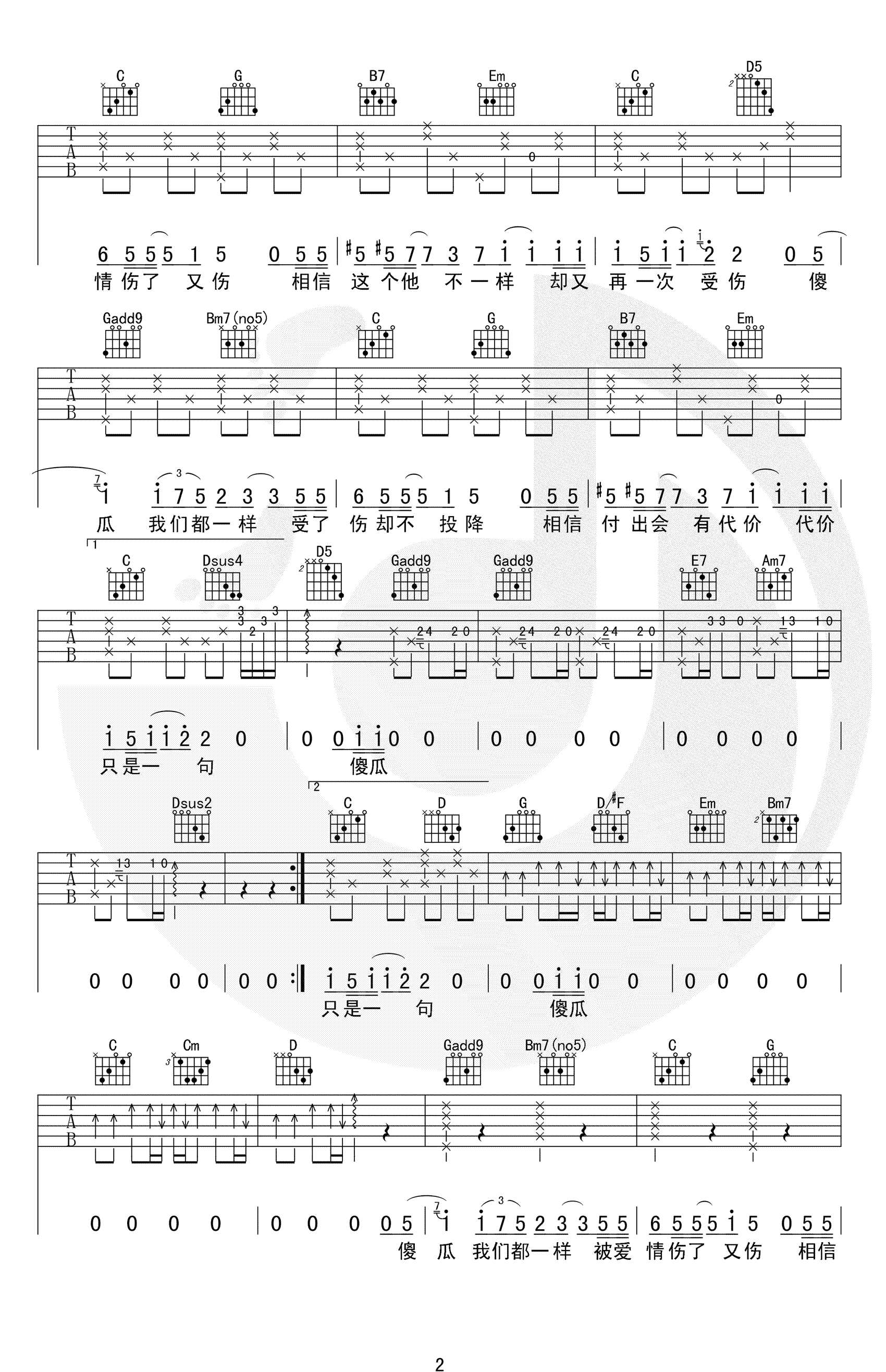 温岚《傻瓜》吉他谱_G调吉他弹唱谱第2张