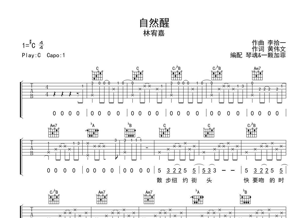 林宥嘉《自然醒》吉他谱_C调吉他弹唱谱第1张