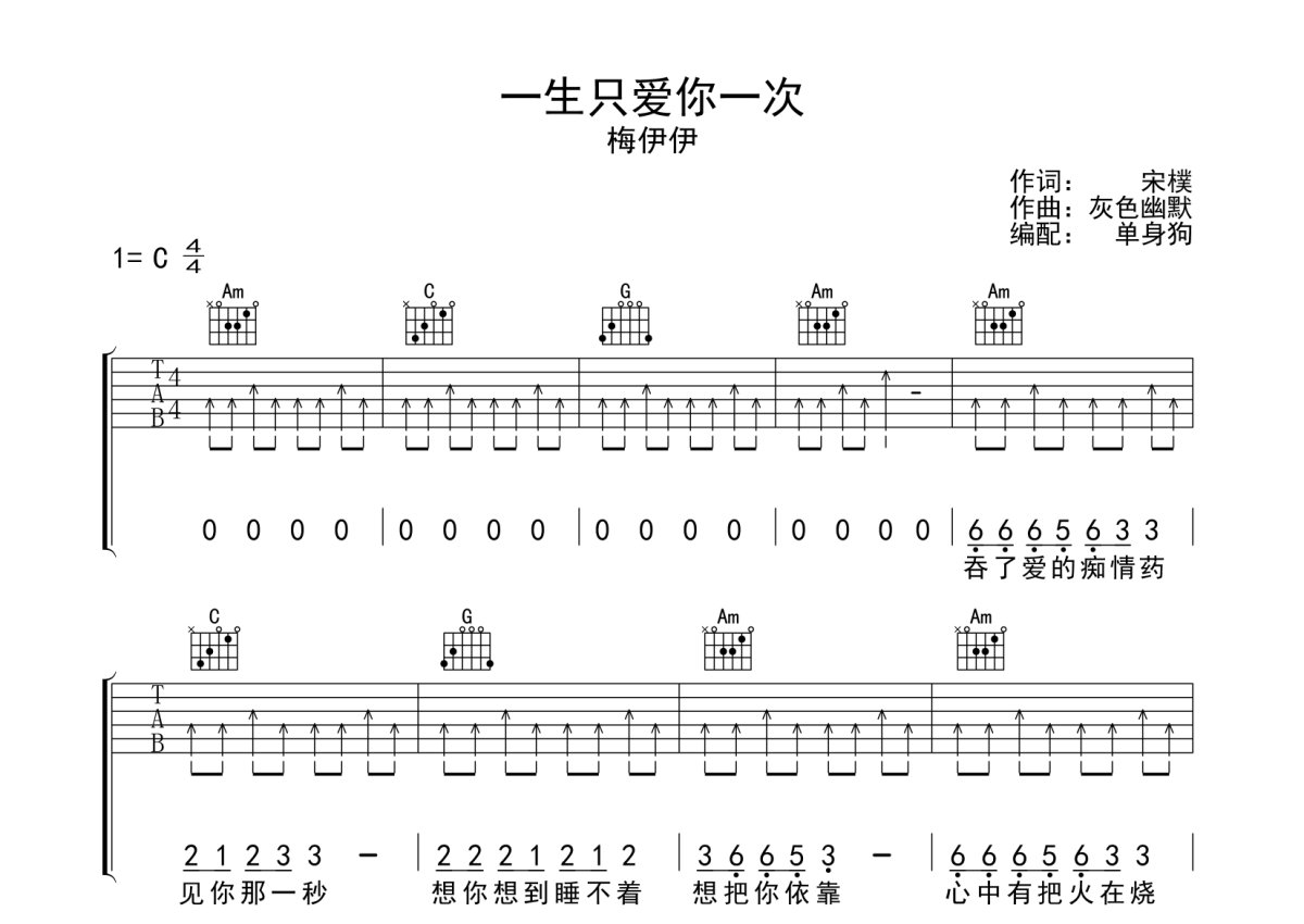 梅伊伊《一生只爱你一次》吉他谱_C调吉他弹唱谱第1张