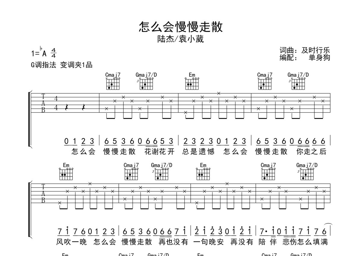 陆杰/袁小葳《怎么会慢慢走散》吉他谱_G调吉他弹唱谱第1张