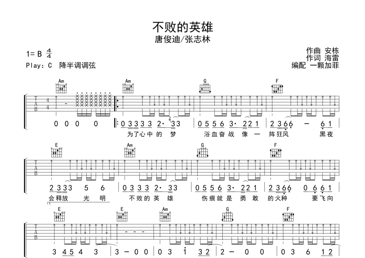 唐俊迪《不败的英雄》吉他谱_C调吉他弹唱谱第1张