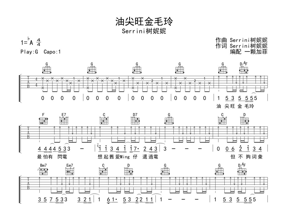 Serrini树妮妮《油尖旺金毛玲》吉他谱_G调吉他弹唱谱第1张