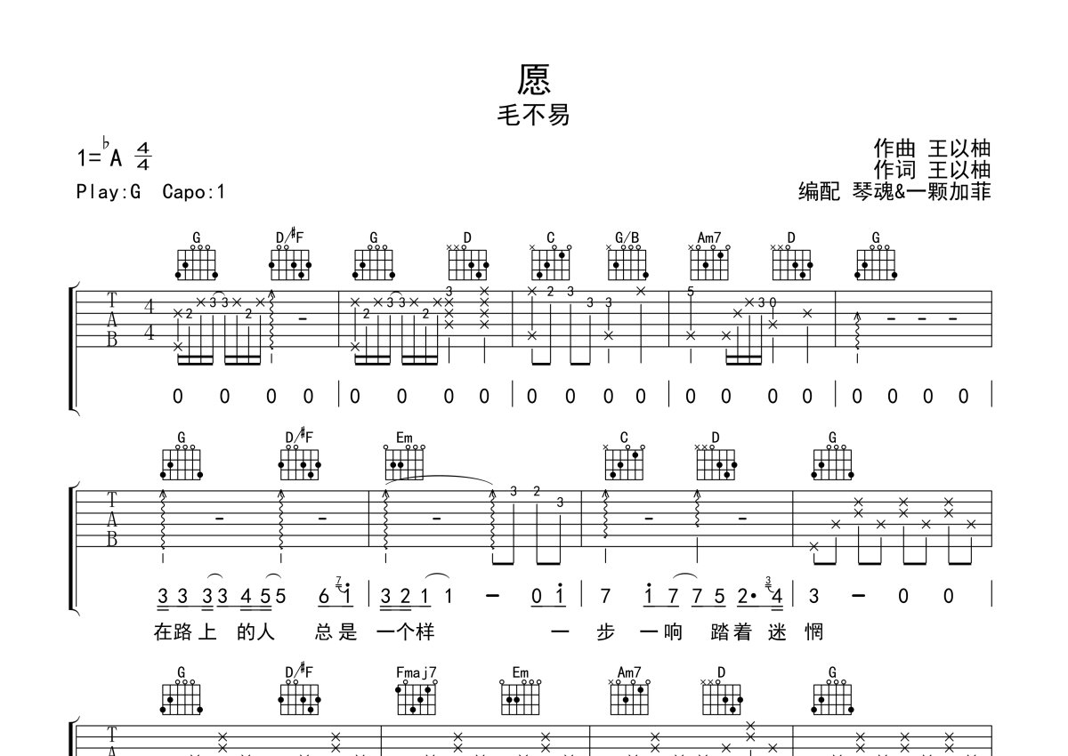 毛不易《愿》吉他谱_G调吉他弹唱谱第1张