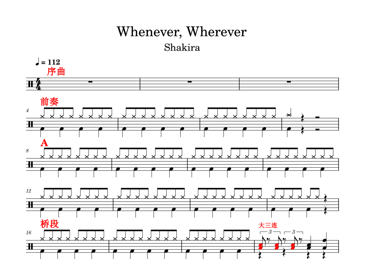 Shakira《Whenever Wherever》鼓谱_架子鼓谱第1张