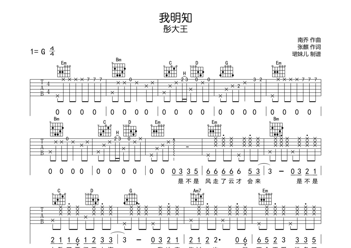 彤大王《我明知》吉他谱_G调吉他弹唱谱第1张