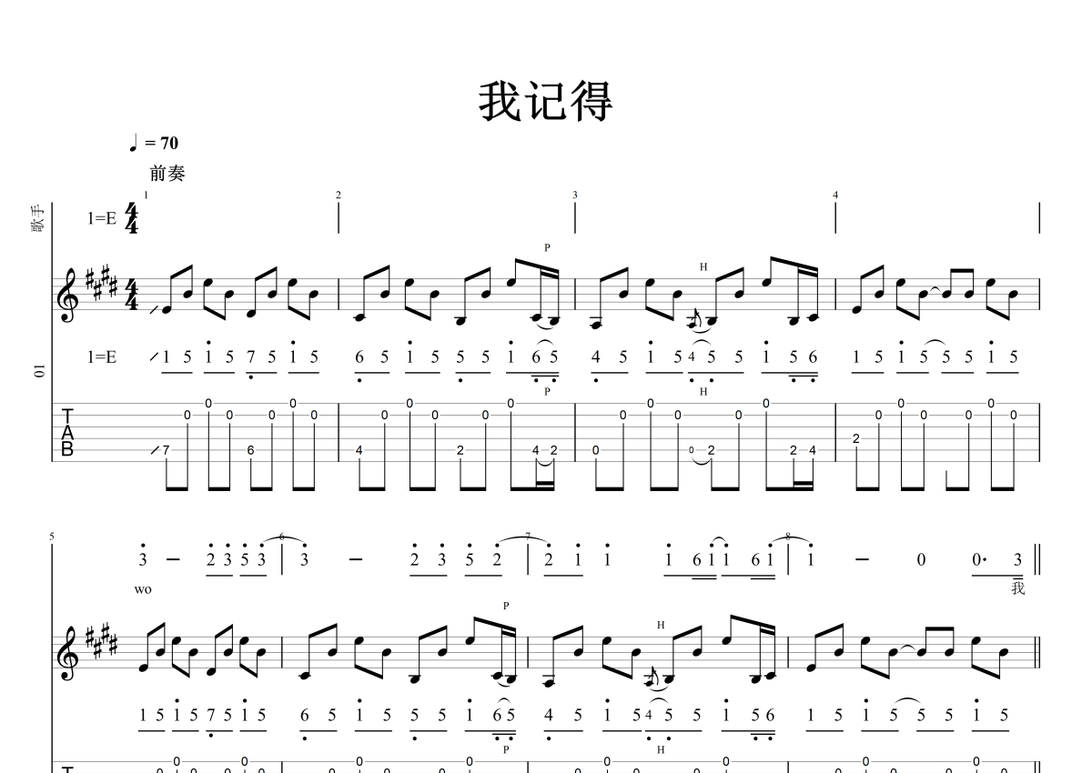 赵雷《我记得》吉他谱_E调吉他弹唱谱_原版记谱第1张