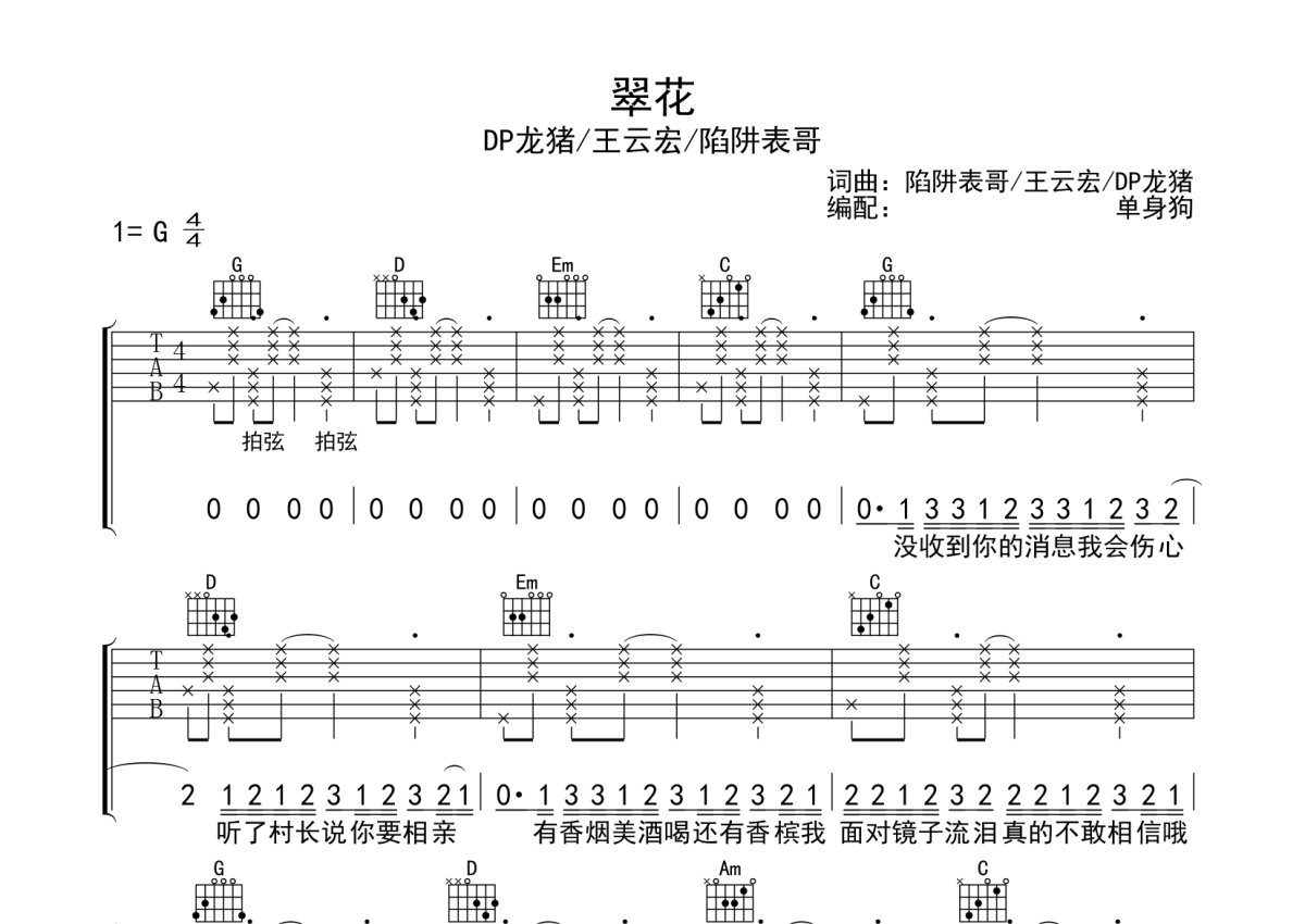 DP龙猪/王云宏/陷阱表哥《翠花》吉他谱_G调吉他弹唱谱第1张