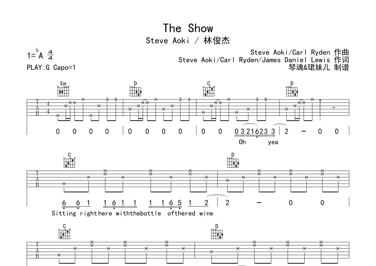 Steve Aoki /林俊杰《The Show》吉他谱_G调吉他弹唱谱第1张