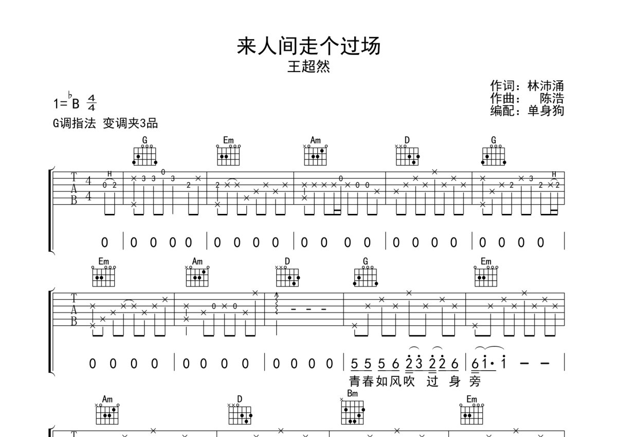 王超然《来人间走个过场》吉他谱_G调吉他弹唱谱第1张