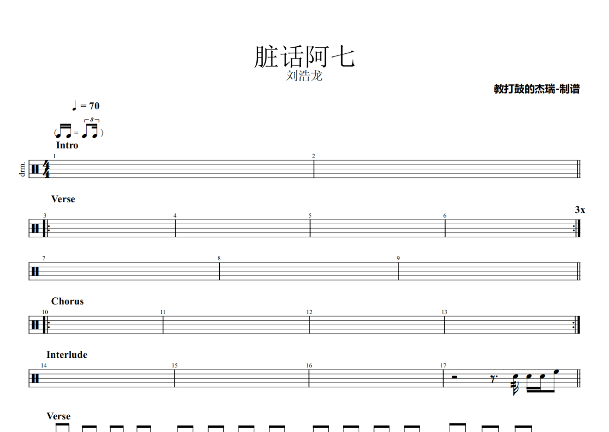 刘浩龙《脏话阿七》鼓谱_架子鼓谱第1张