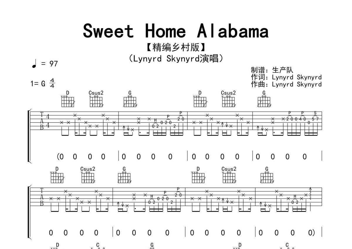 Lynyrd Skynyrd《Sweet Home Alabama》吉他谱_G调吉他弹唱谱第1张