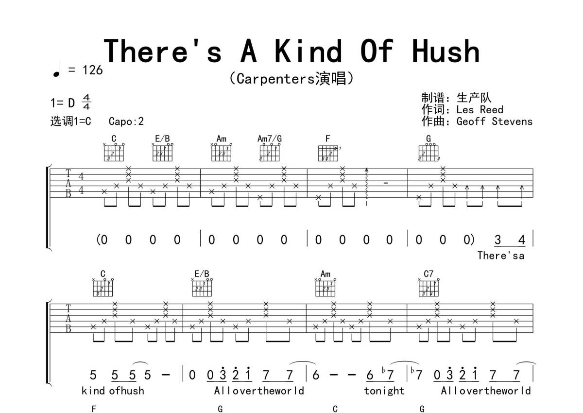 Carpenters《There's A Kind Of Hush》吉他谱_C调吉他弹唱谱第1张