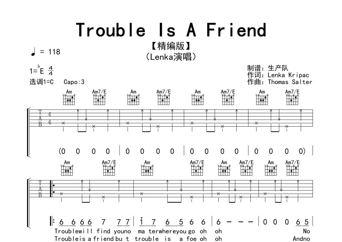 Lenka《Trouble Is A Friend》吉他谱_C调吉他弹唱谱第1张