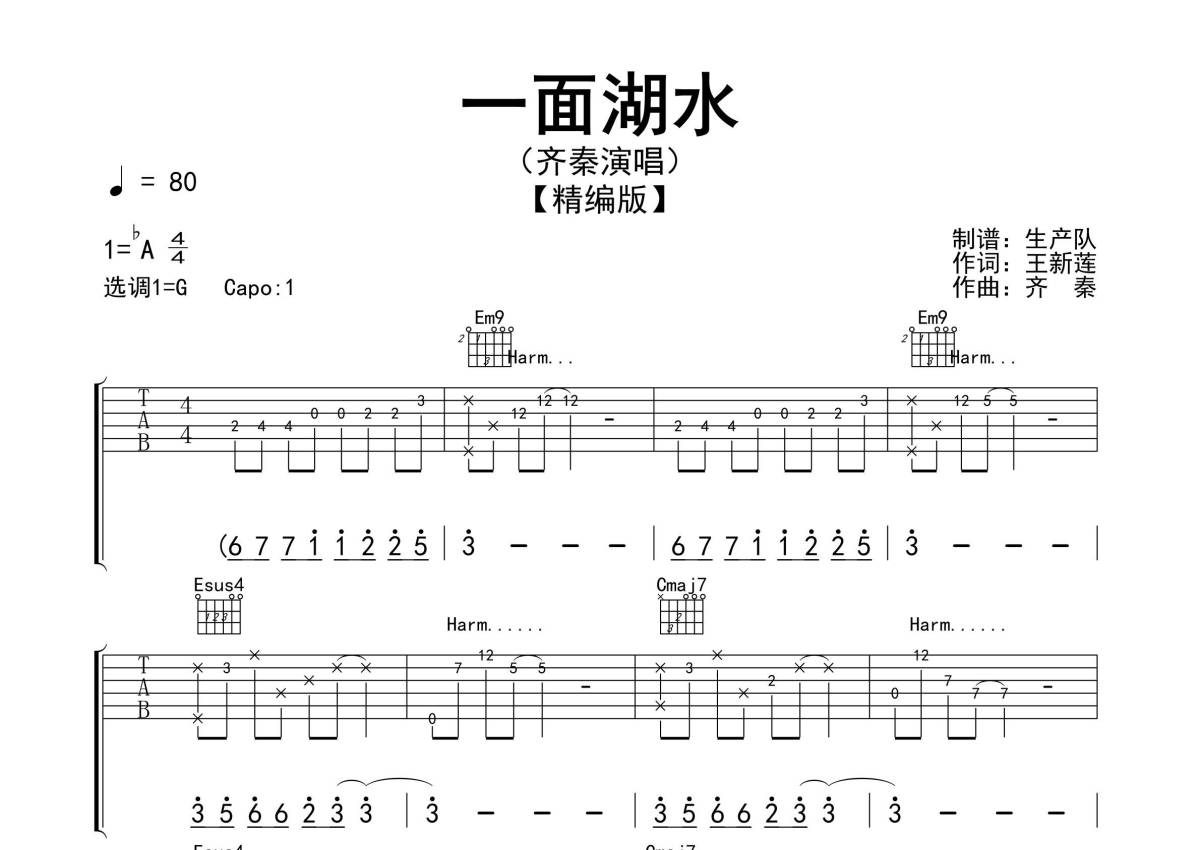 齐秦《一面湖水》吉他谱_G调吉他弹唱谱_精编民谣版第1张