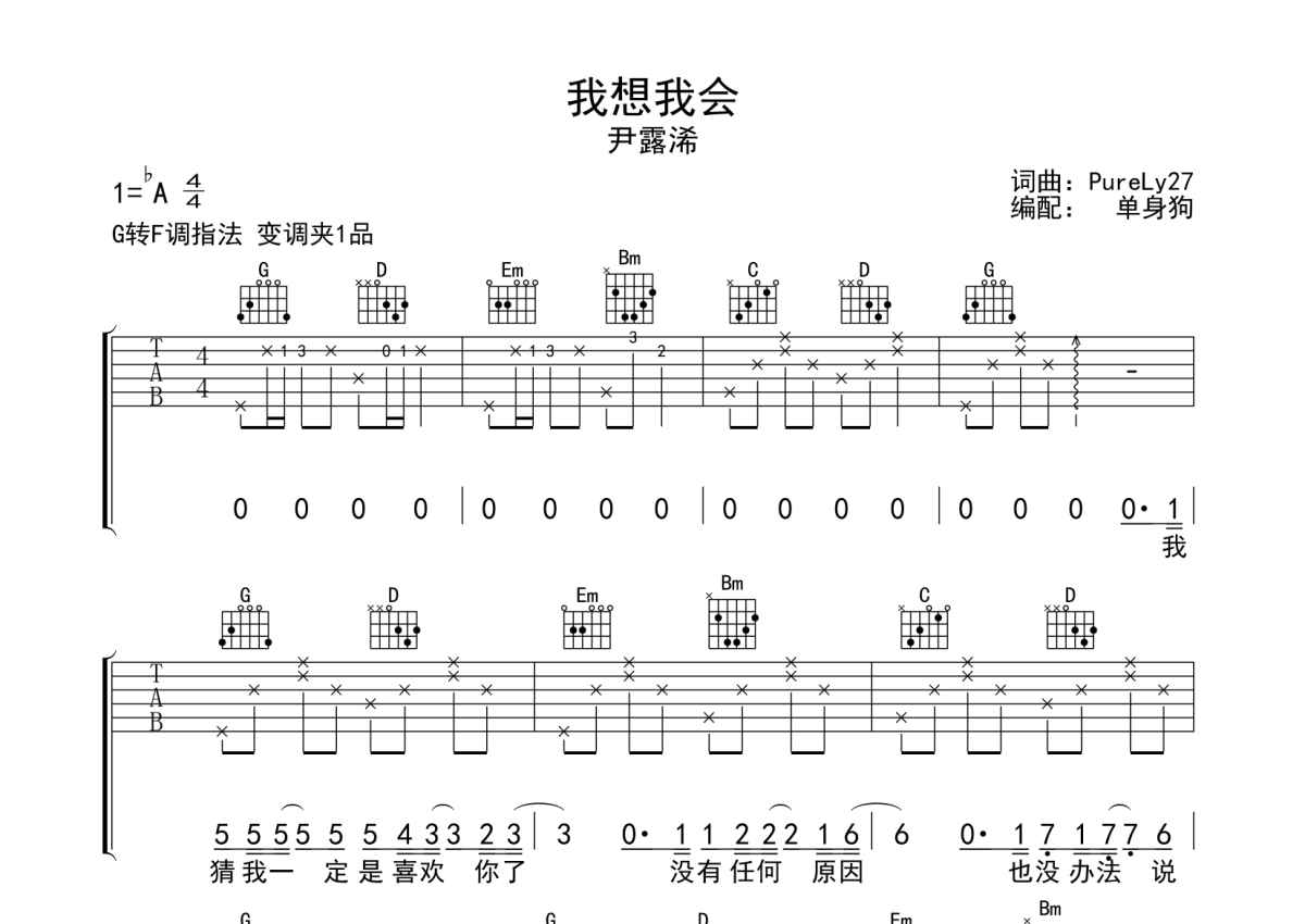 尹露浠《我想我会》吉他谱_G调吉他弹唱谱第1张