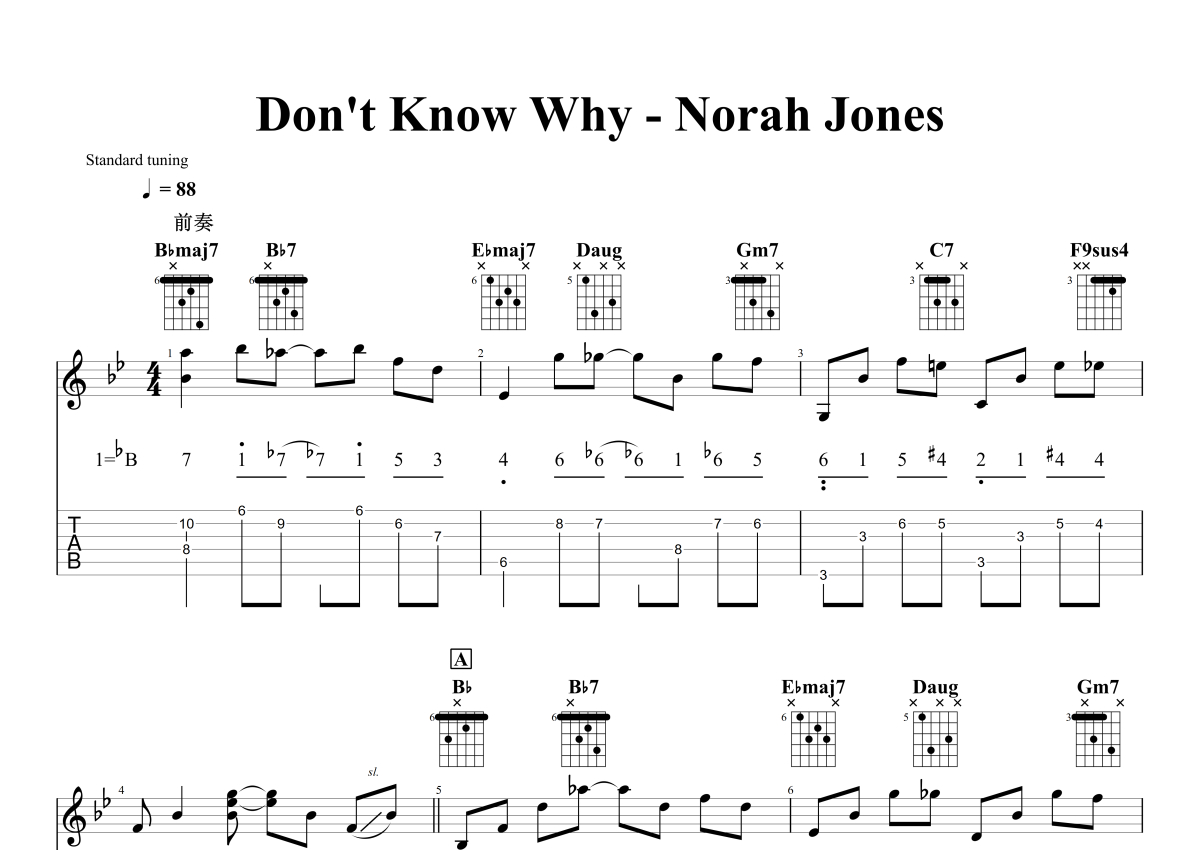 Norah Jones《Don't Know Why》吉他谱_吉他弹唱谱_石头音乐原版记谱第1张