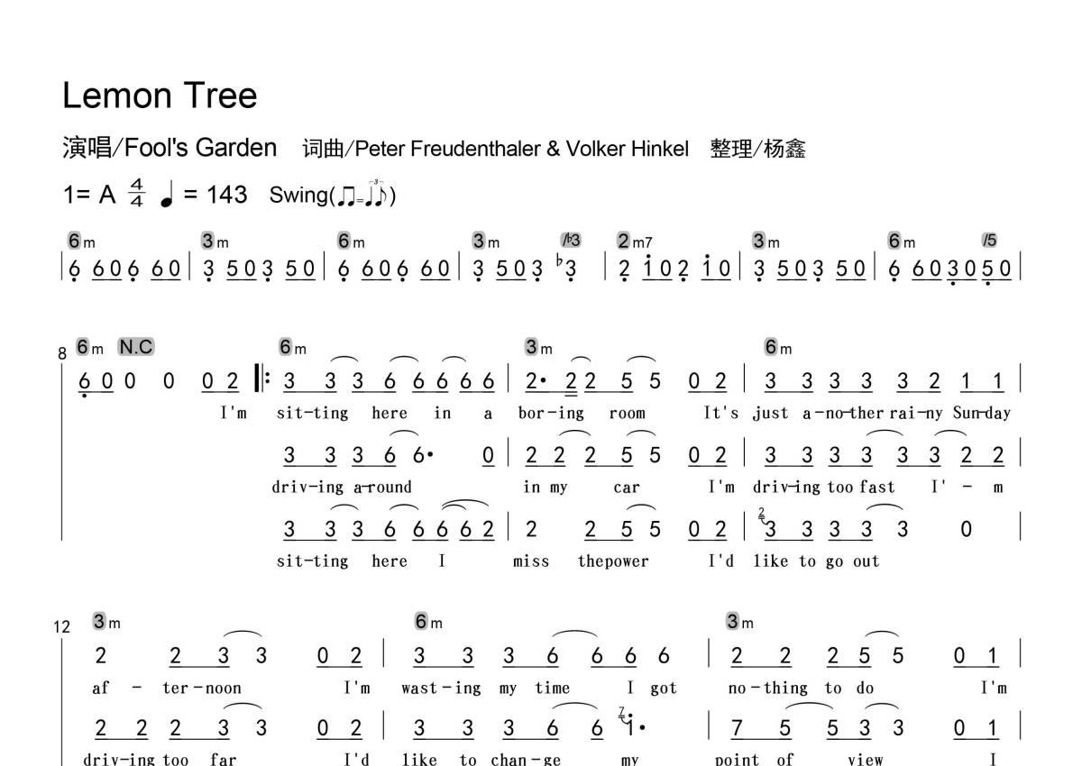 Fool's Garden《Lemon Tree》歌詞_簡譜_級數和弦標記