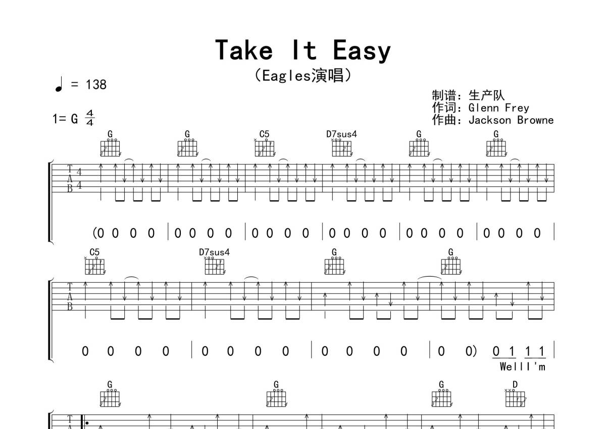 Eagles《Take It Easy》吉他谱_G调吉他弹唱谱_精编扫弦版第1张
