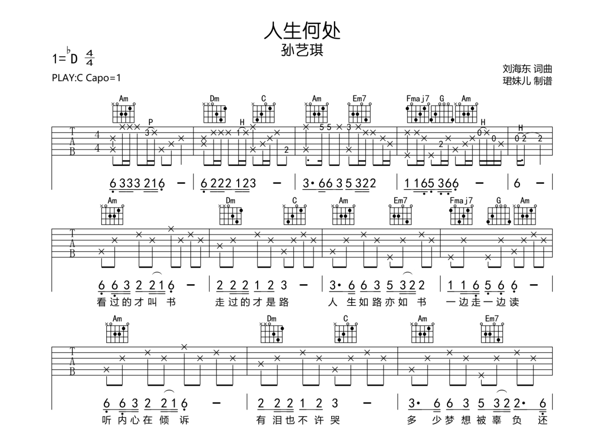 孙艺琪《人生何处》吉他谱_C调吉他弹唱谱第1张