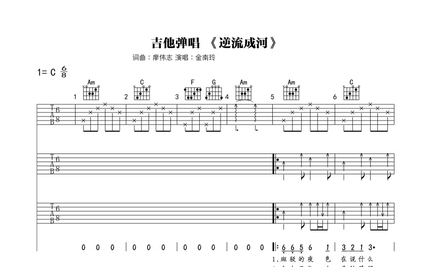 金南玲《逆流成河》吉他譜_C調吉他彈唱譜_三吉他版