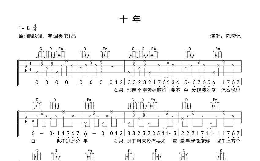 陳奕迅《十年》吉他譜_G調吉他彈唱譜