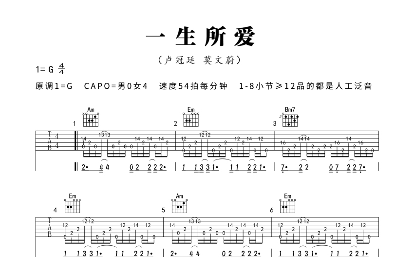 盧冠廷《一生所愛》吉他譜_G調吉他彈唱譜