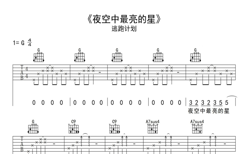 逃跑計劃《夜空中最亮的星》吉他譜_G調吉他彈唱譜_新手入門譜