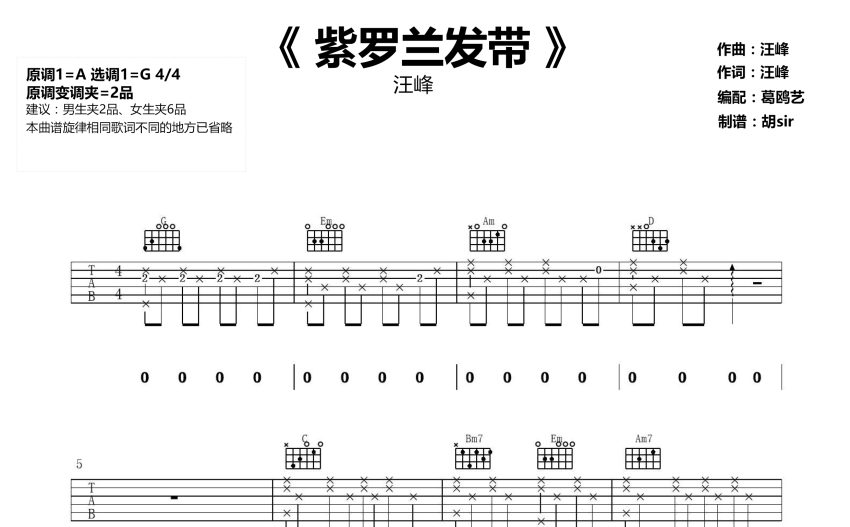 汪峰《紫羅蘭發帶》吉他譜_G調吉他彈唱譜