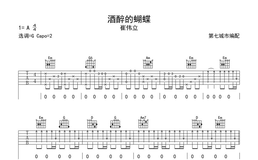 崔偉立《酒醉的蝴蝶》吉他譜_G調吉他彈唱譜