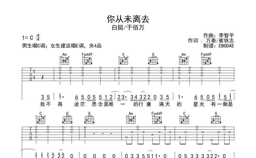 白挺/于佰萬《你從未離去》吉他譜_C調吉他彈唱譜