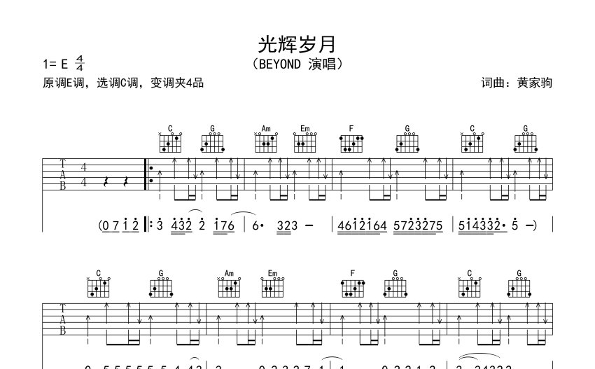 BEYOND《光輝歲月》吉他譜_C調吉他彈唱譜_新手入門版
