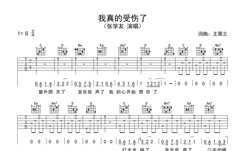 張學友《我真的受傷了》吉他譜_G調吉他彈唱譜_新手入門版