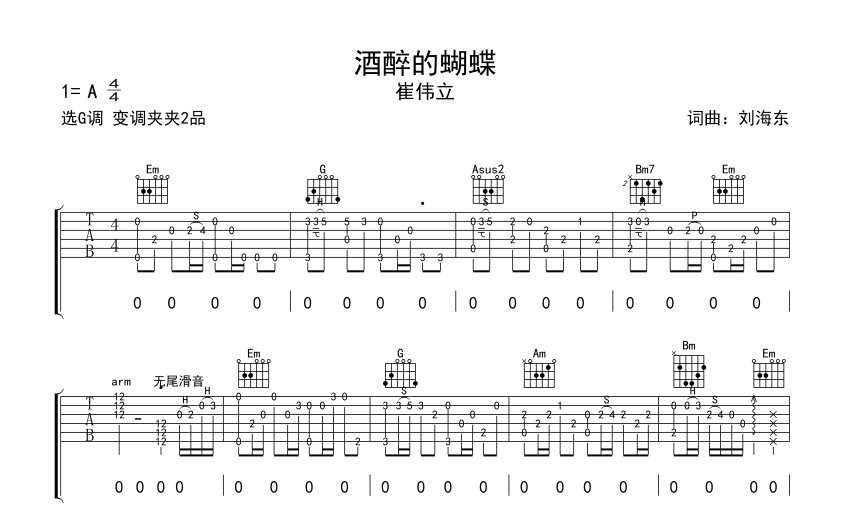 崔偉立《酒醉的蝴蝶》吉他譜_G調吉他彈唱譜