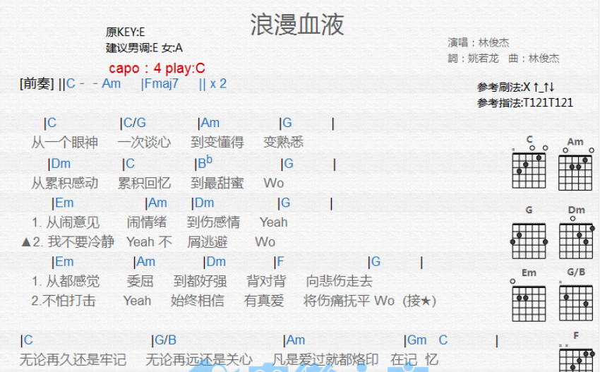 林俊杰浪漫血液吉他谱c调吉他弹唱谱和弦谱