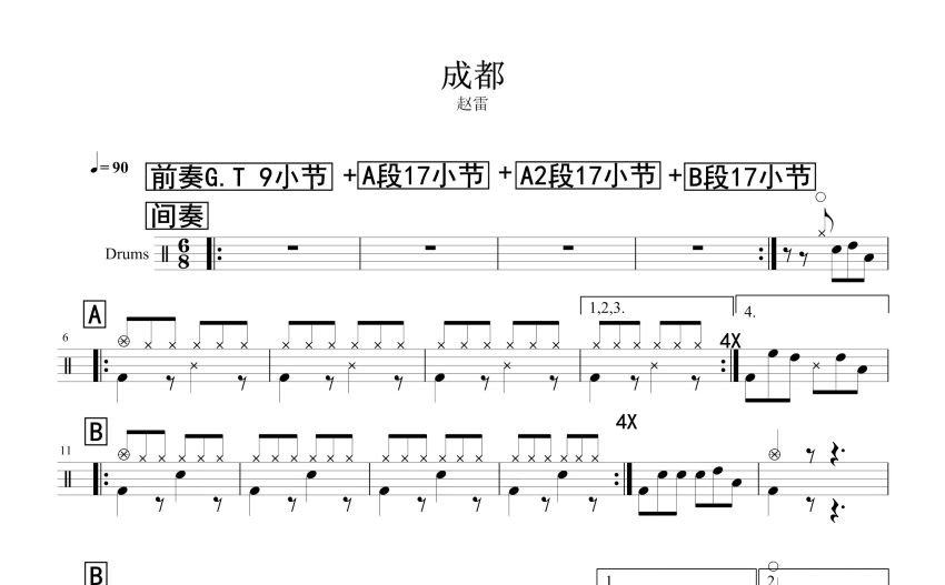 趙雷《成都》鼓譜_架子鼓譜
