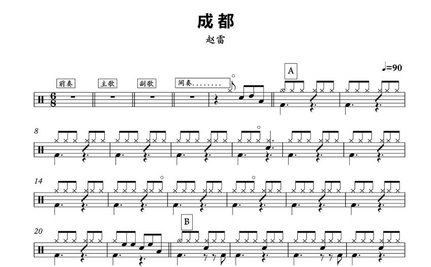趙雷《成都》鼓譜_架子鼓譜