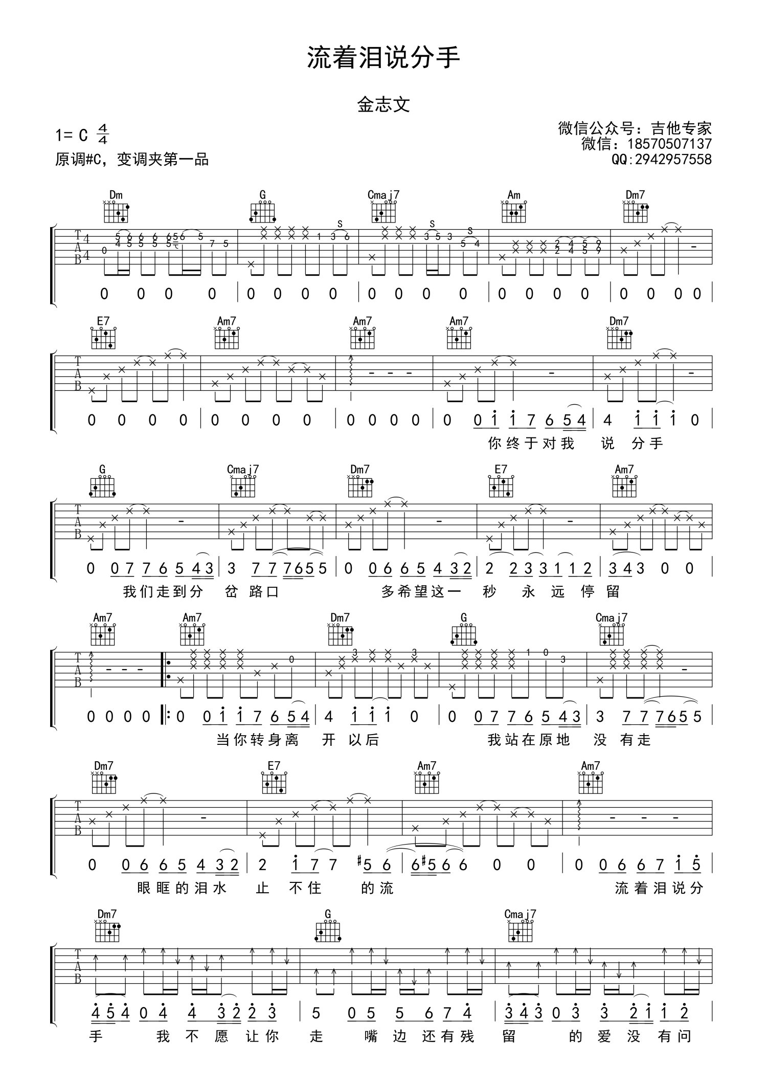 金志文《流着泪说分手》吉他谱_C调吉他弹唱谱第1张