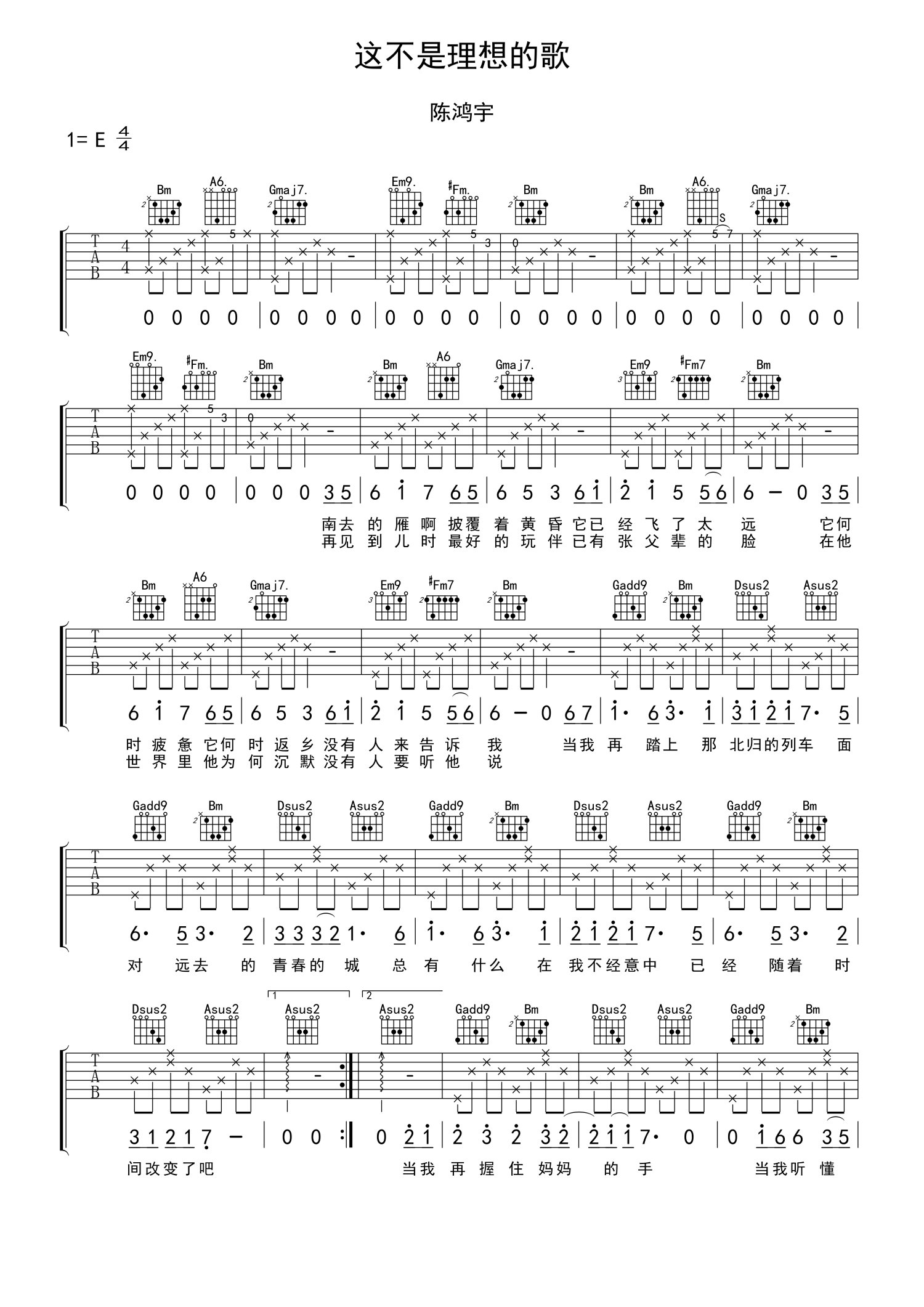 陈鸿宇《这不是理想的歌》吉他谱_E调吉他弹唱谱第1张