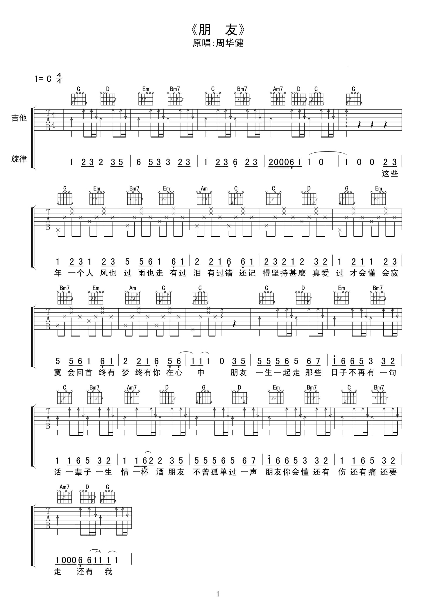 周华健《朋友》吉他谱_C调吉他弹唱谱_扫弦版第1张