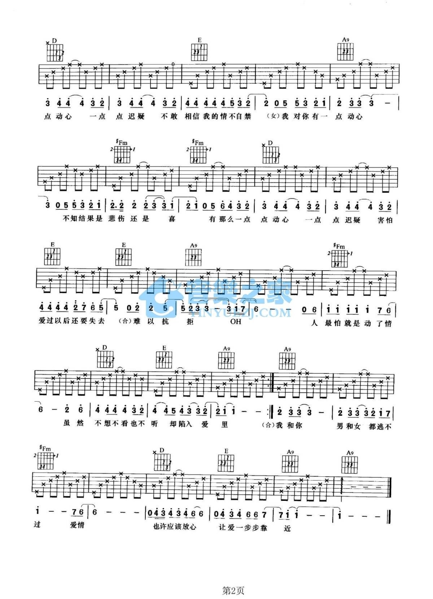 张信哲/刘嘉玲《有一点动心》吉他谱_A调吉他弹唱谱第2张