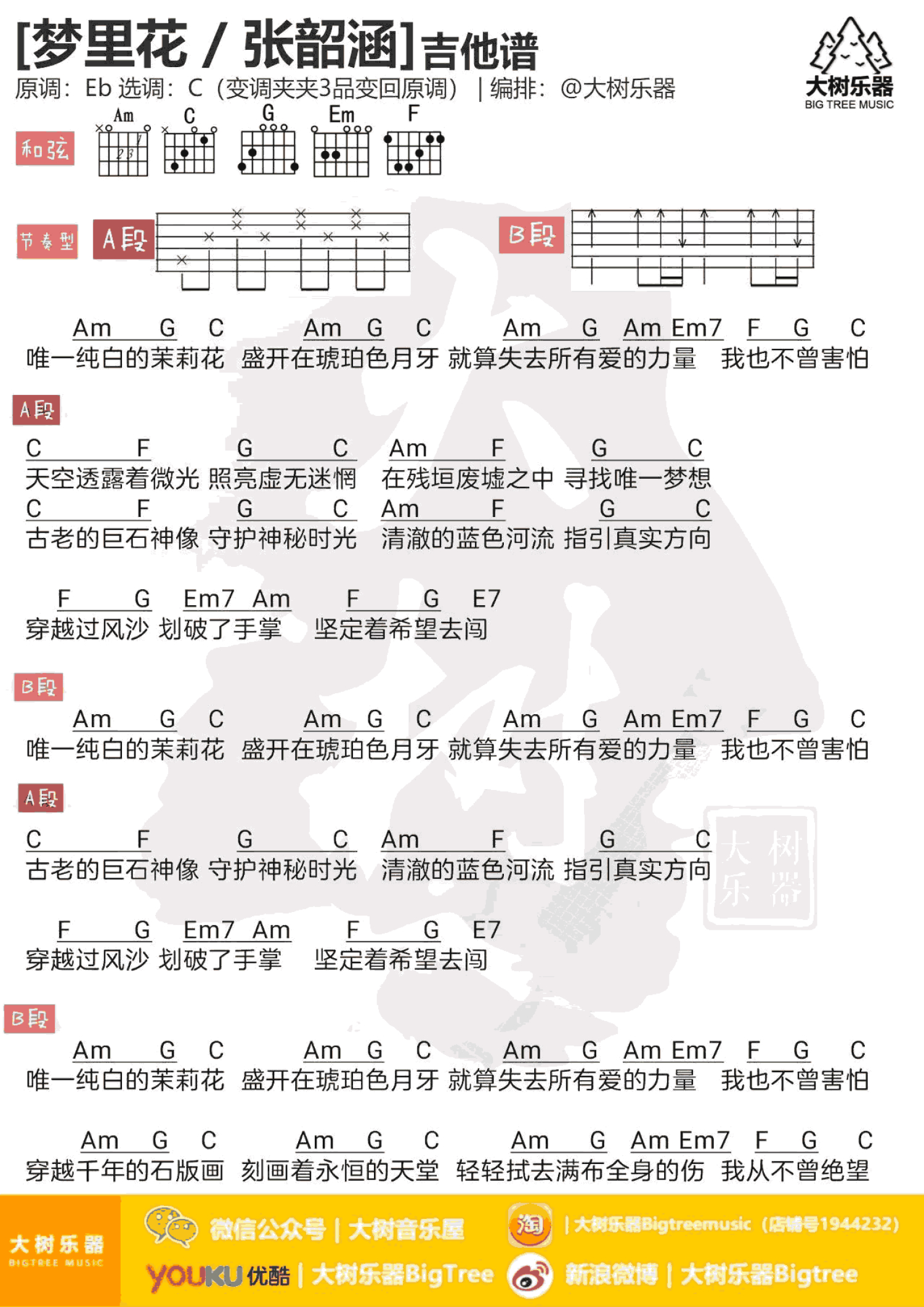 张韶涵《梦里花》吉他谱_C调吉他弹唱谱_和弦谱第1张