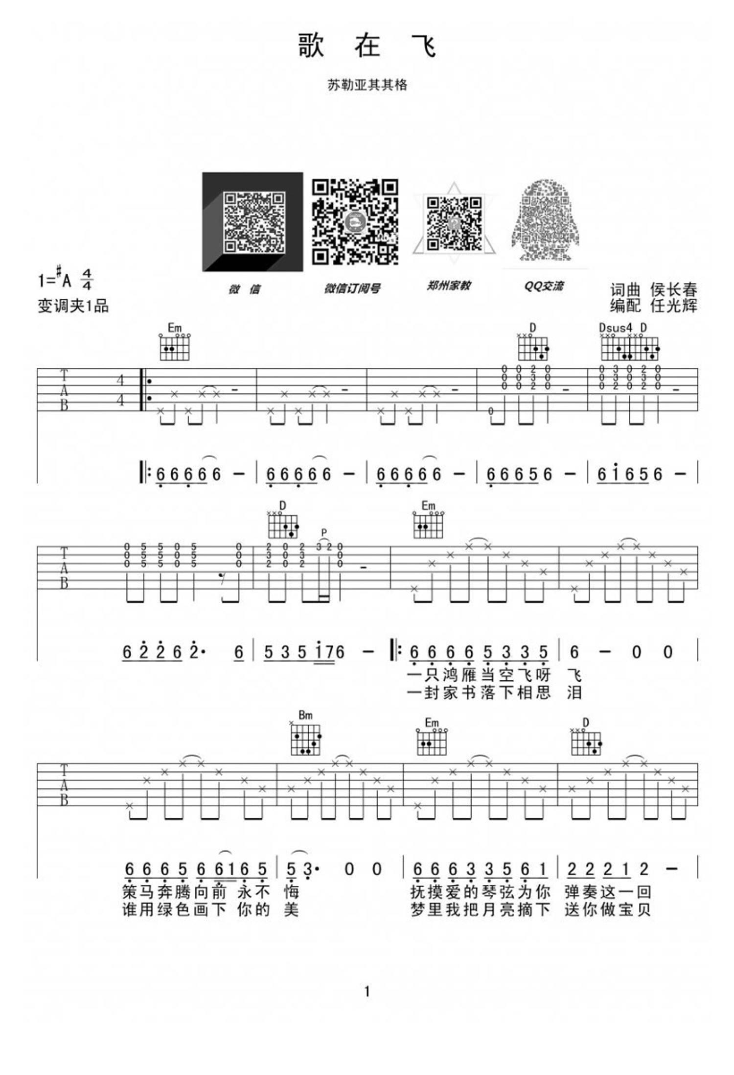 苏勒亚其其格《歌在飞》吉他谱_吉他弹唱谱第1张