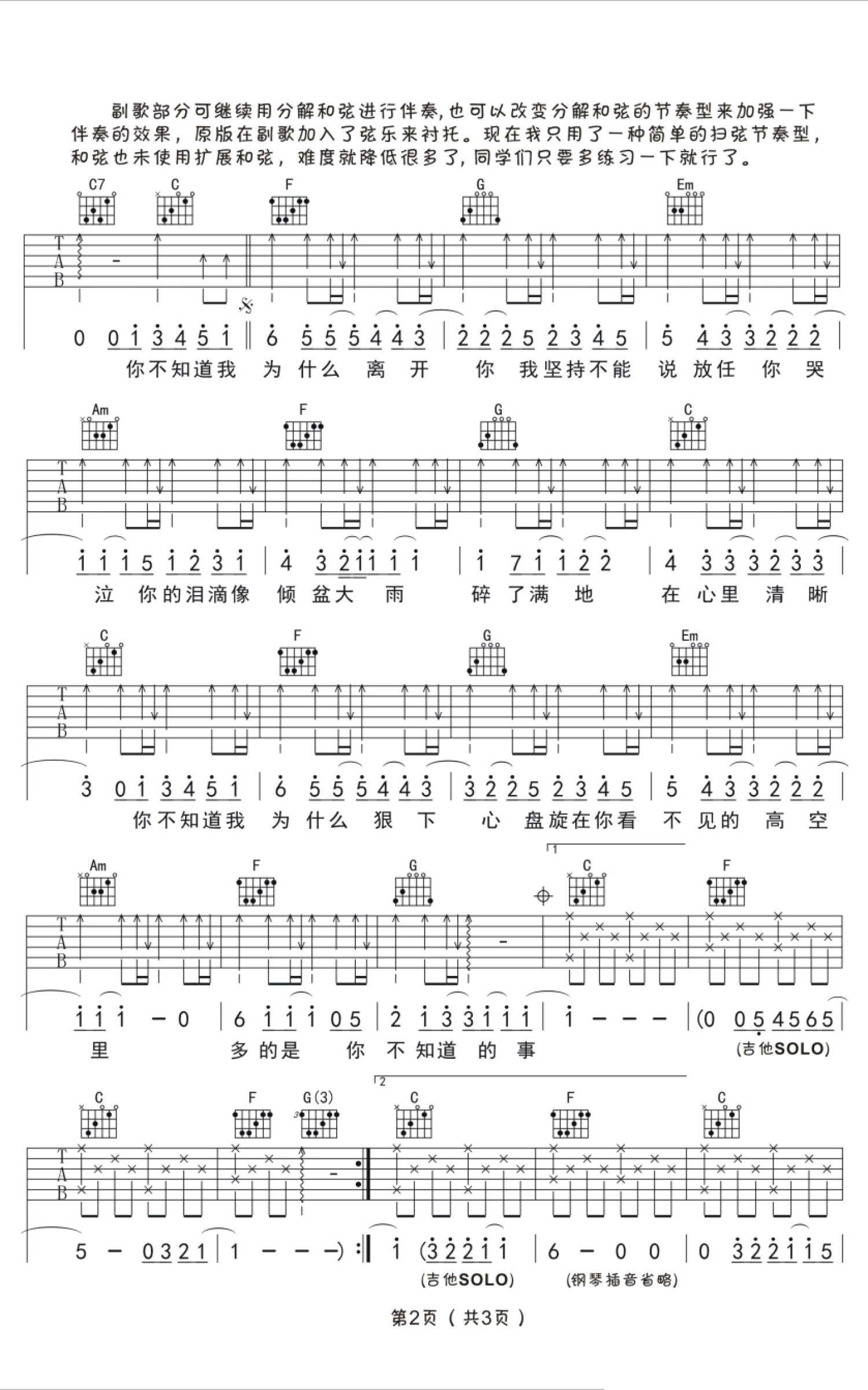 王力宏你不知道的事吉他谱C调简单版双手吉他弹唱的谱子图 - 吉他简谱