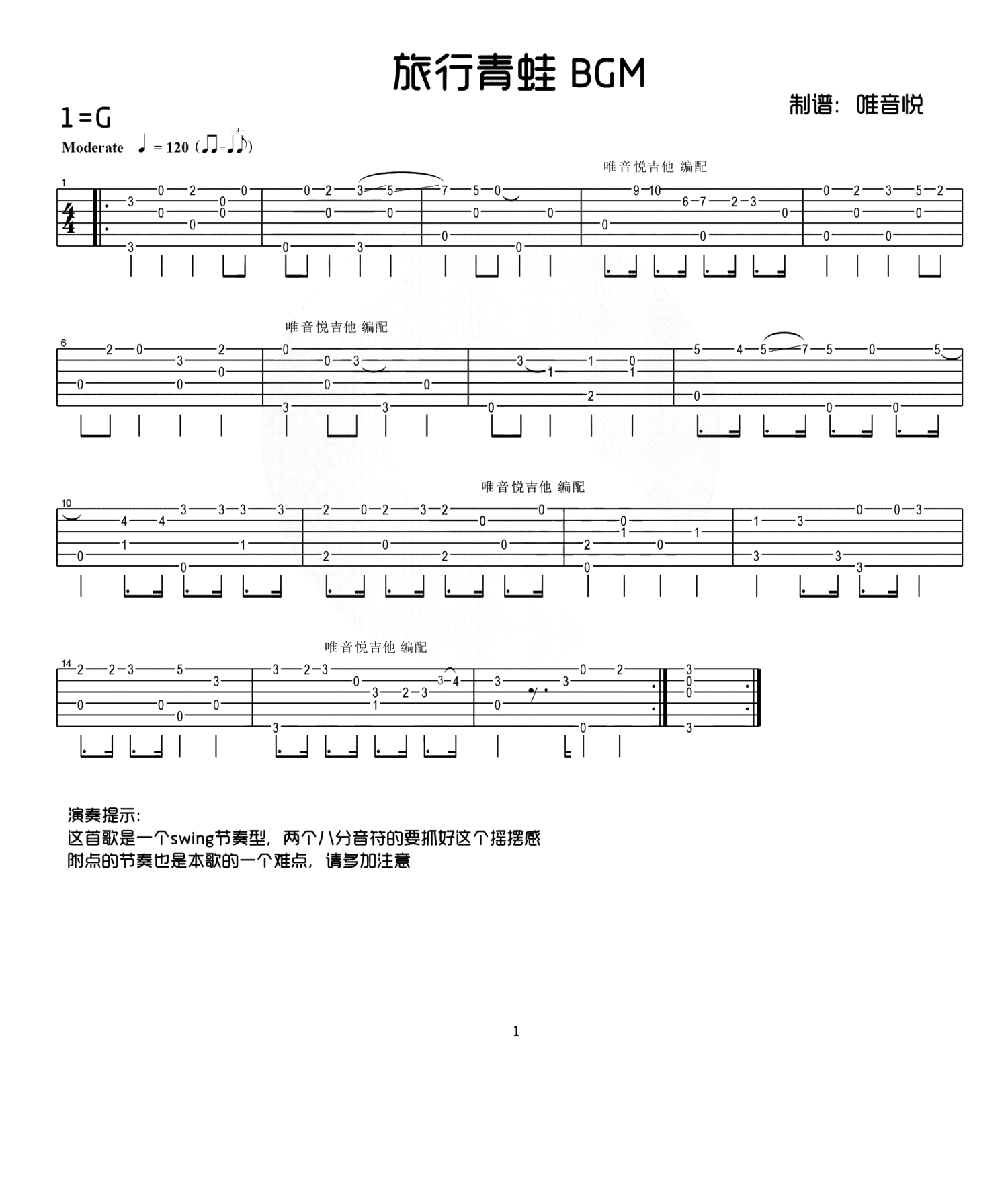 《旅行青蛙BGM》吉他谱_G调吉他独奏谱第1张