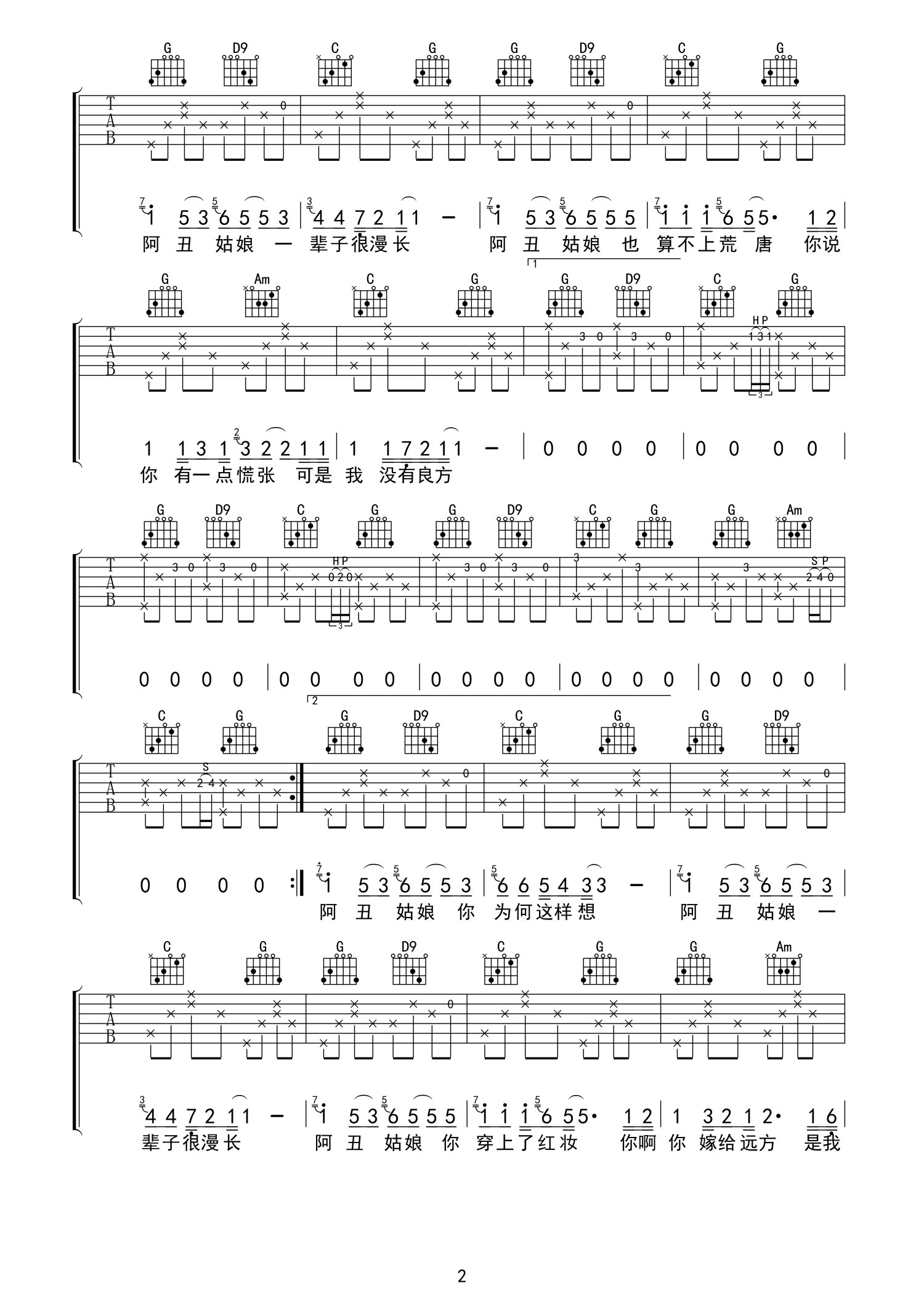 王辰《阿丑姑娘》吉他谱_吉他弹唱谱第2张
