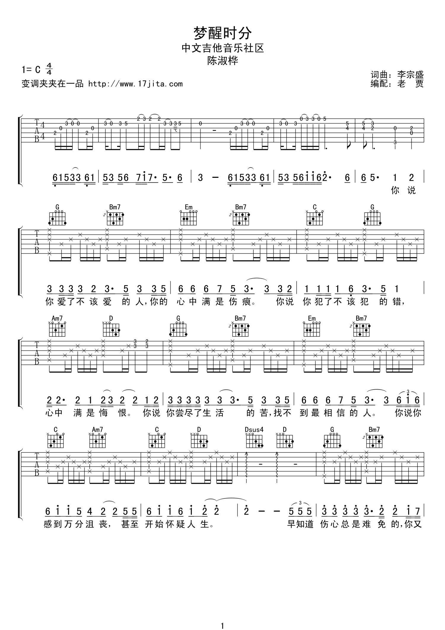 陈淑桦《梦醒时分》吉他谱_C调吉他弹唱谱第1张