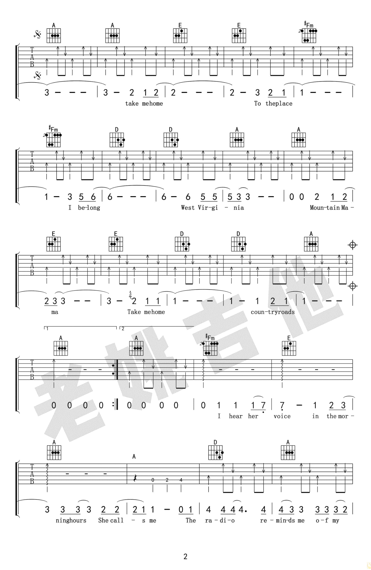 JohnDenver《Take me home country roads》吉他谱_A调吉他弹唱谱第2张