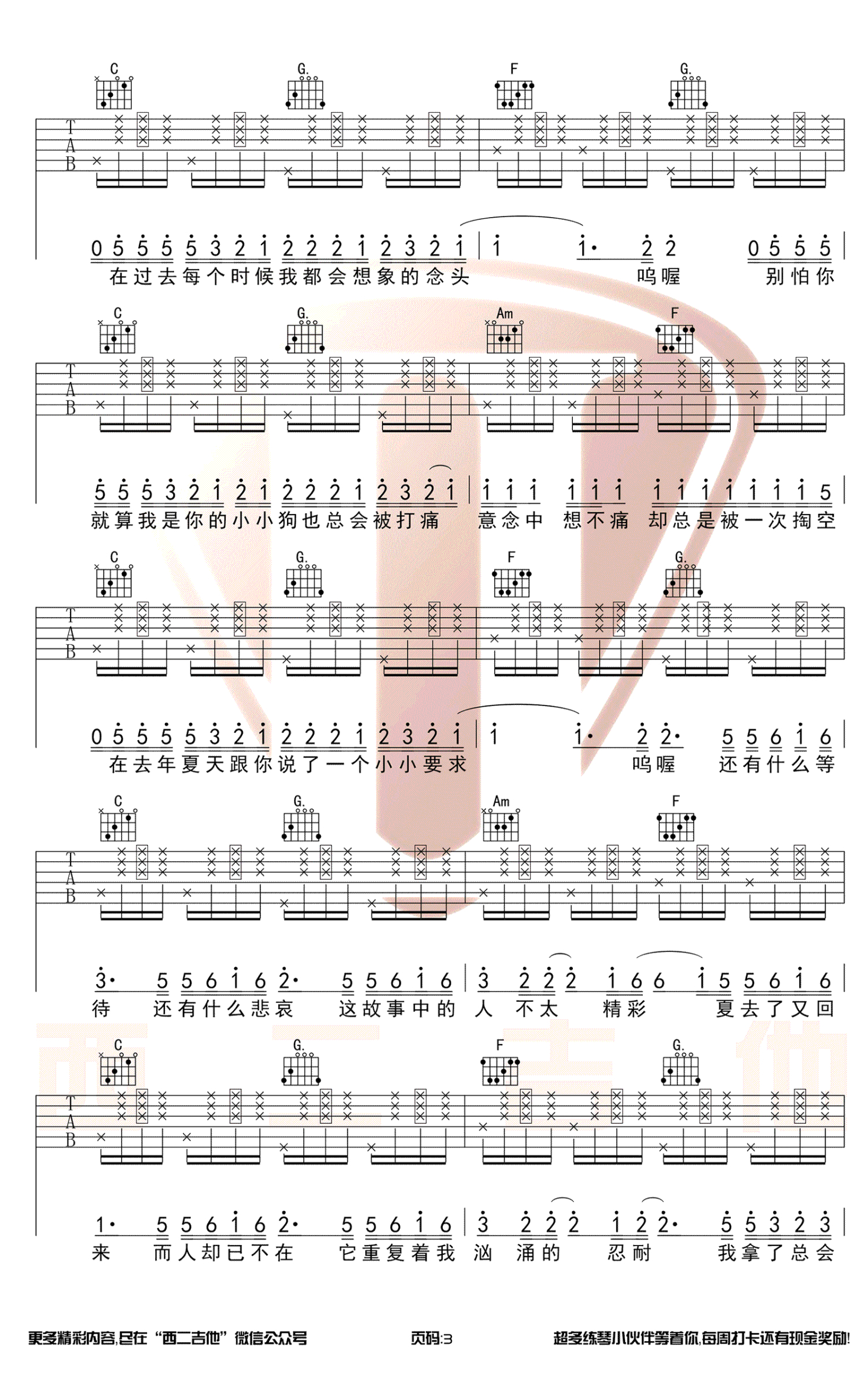 家家/王大毛《去年夏天》吉他谱_C调吉他弹唱谱_简单拍弦版第3张