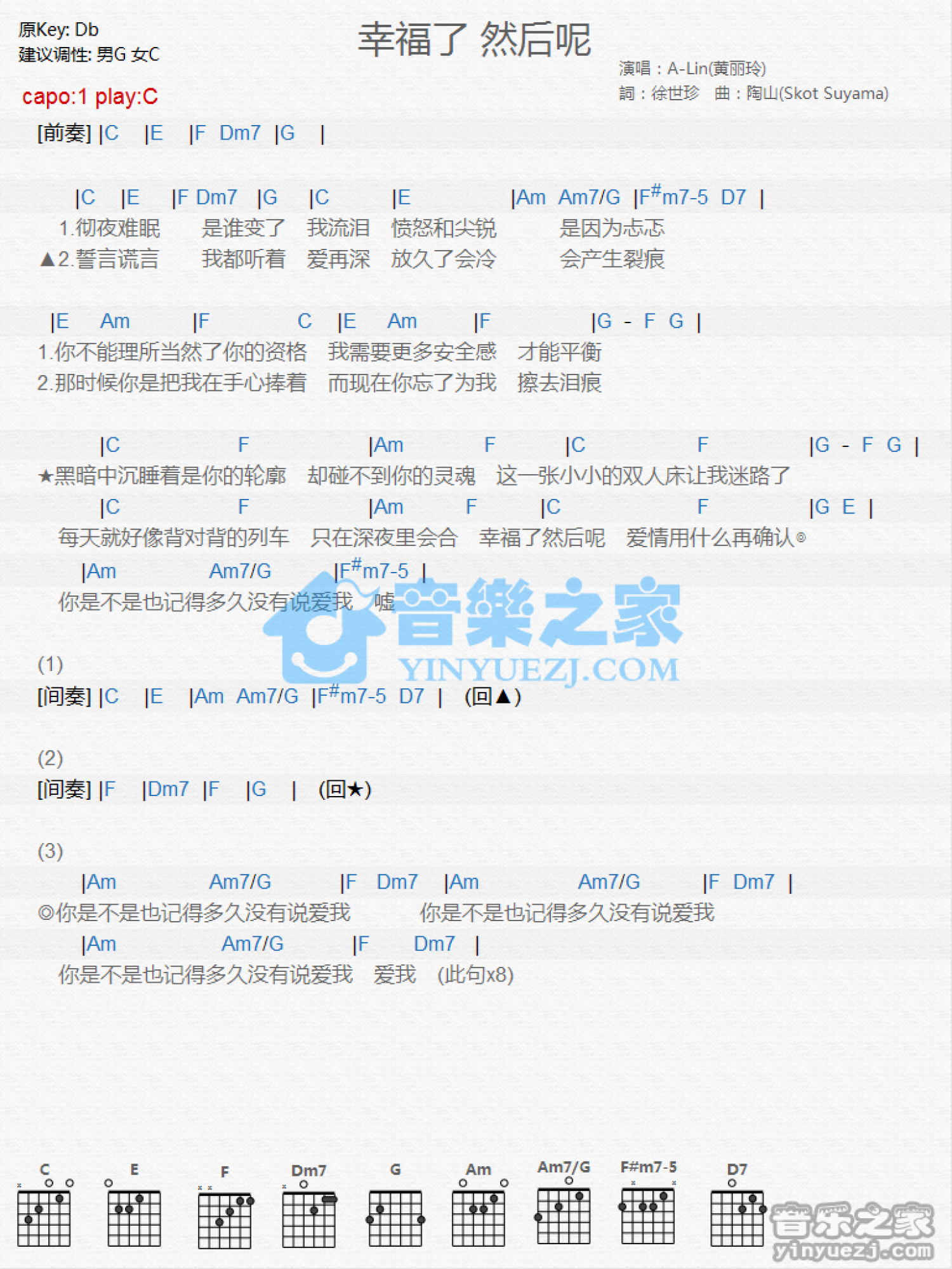 A-Lin《幸福了然后呢》吉他谱_C调吉他弹唱谱_和弦谱第1张